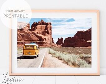 Retro Van Print, Arizona Desert Print, DIGITAL DOWNLOAD, Kombi Print, Arizona Wall Art, Surf Van Print, Camper Bus Print, Yellow Van Print