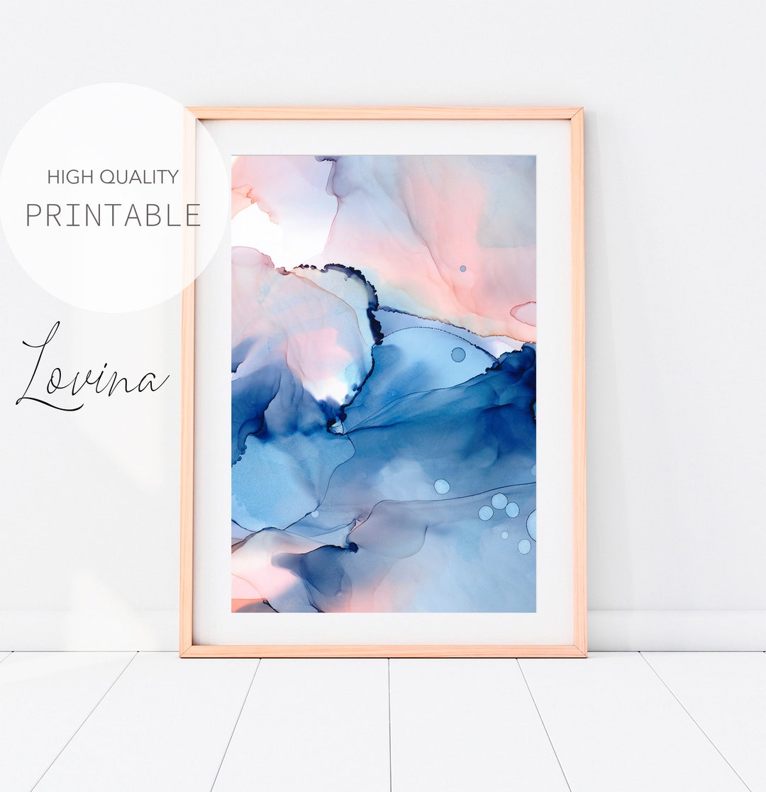 Navy Blush Watercolor Print, Navy Watercolor Splash Wall Art, Blush and ...
