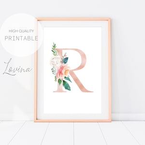 Impressão da letra R, letras florais rosa blush, impressão do alfabeto, decoração de parede da letra R, arte da letra R, pôster da letra R, download digital do alfabeto