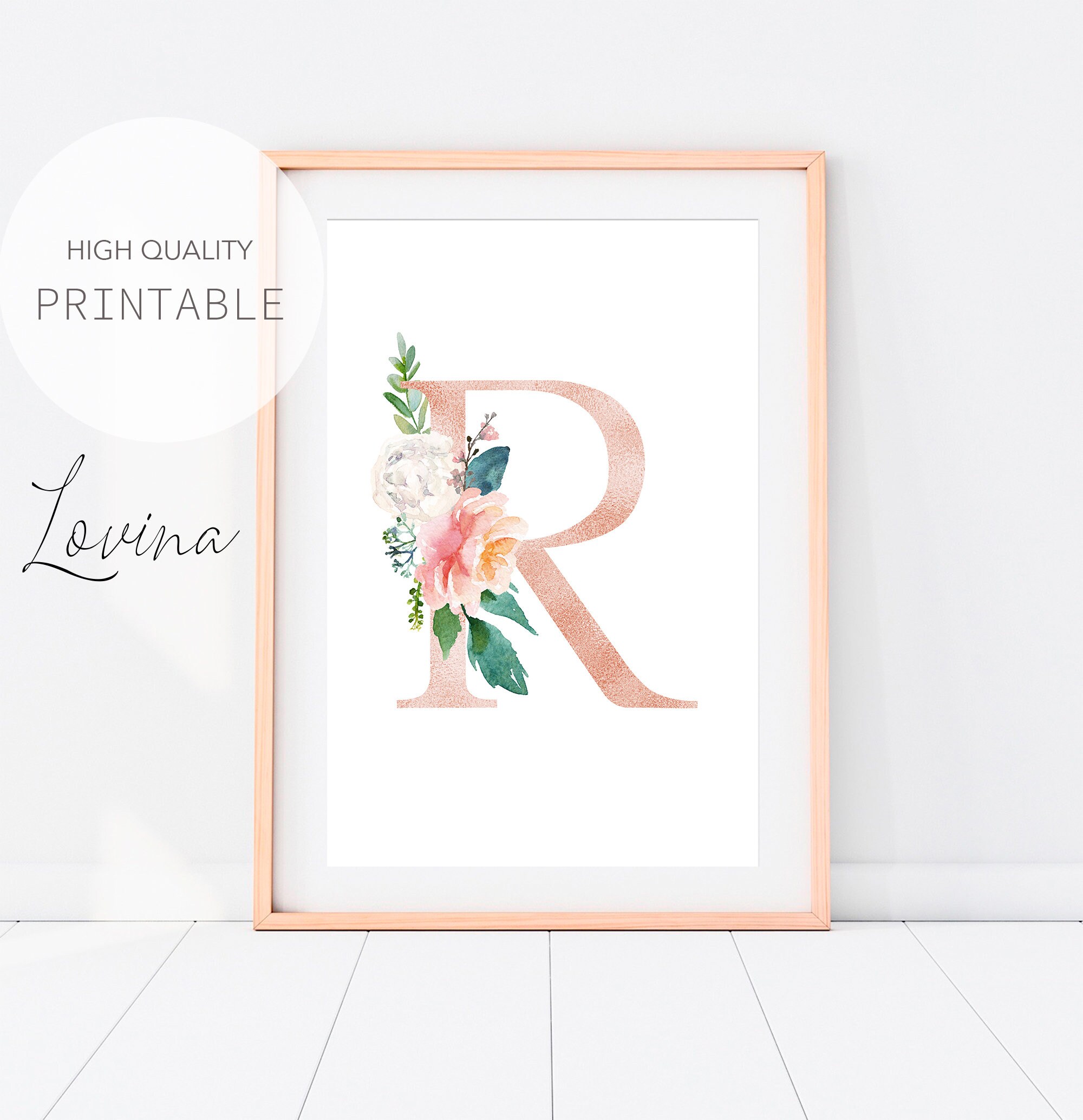 Letter R Print, Blush Pink Floral Letters, Alphabet Print, Letter R Wall Decor, Letter R Artwork, Letter R Poster, Alphabet Digital Download
