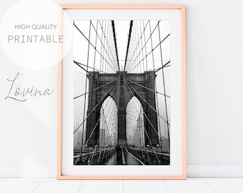 New York City Poster, Black and White Brooklyn Bridge Print, Brooklyn Black White Poster, Printable New York Download, NYC Digital Download