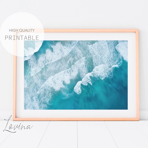 Minimalist Coastal Print, Printable Ocean Wave Print, Large Ocean Photo Download, Blue Water Artwork, Aerial Wave Poster, Digital Download