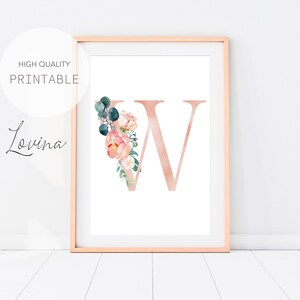 Buchstabe W Print, Blush Rosa Floral Buchstaben, Alphabet Print, Buchstabe W Wanddekoration, Buchstabe W Kunstwerk, Buchstabe W Poster, Buchstaben Sofort Download