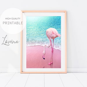Pink Flamingo Print, Beach Wall Art, Tropical Poster, Flamingo Wall Art, Beach Print, Flamingo Wall Decor, Tropical Print, Digital Download