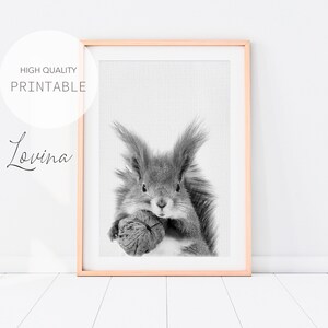 Eichhörnchen Wandkunst, Waldtiere Druck, DIGITAL DOWNLOAD, Schwarz Weiße Waldtiere, Eichhörnchen Druck, Waldtiere, BabyZimmer Deko
