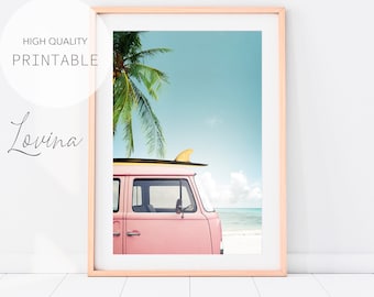 Pink Retro Van Print, Beach Wall Art Print, DIGITAL DOWNLOAD, Pink Retro Car, Vintage Pink Car, Palm Tree Photo, Vintage Camper, Pink Combi