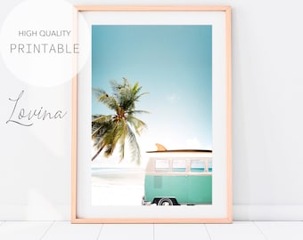 Retro Van Print, Beach Wall Art, DIGITAL DOWNLOAD, Surfboard Print, Vintage Bus Wall Art, Combi Print, Camper Van Poster, Retro Bus Print