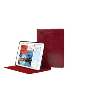 Étui pour iPad Mini 5 - Avec/sans porte-crayons - Fine couverture en cuir de vachette véritable rouge - Étui à rabat - Sommeil/réveil magnétique