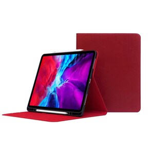 May include: A red leather case for an iPad with a built-in stand and a slot for a stylus. The iPad is in the case and is displaying a colorful abstract background.