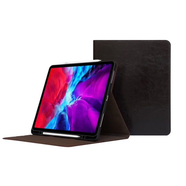 iPad Air 5 Case - iPad Air 5th Generation 2022 Leather Cover - Dark Brown Genuine Cowhide Leather - With Sleep-Wake - With Pencil Holders