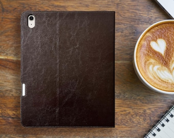 Funda de piel para iPad Air de 13" (M4) - Año: 2026 - Con soporte para Apple Pencil - Piel auténtica marrón fina - Función de encendido/apagado automático - Para los modelos A3461 y A3462