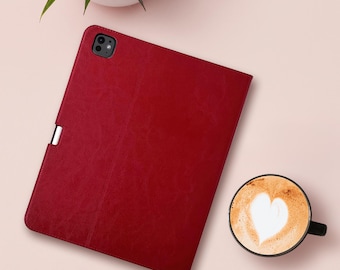 Funda de piel para iPad Pro de 11" (M5) - 6.ª generación - 2025 - Con portalápices - Piel auténtica roja - Función de reposo/activación - Para modelos A3357 y A3358