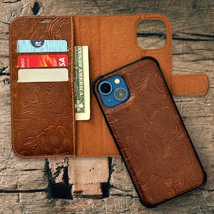 Funda de cuero genuino para iPhone 14 / Plus / Pro / Pro Max - Parachoques magnético desmontable / Estuche para billetera - Ranuras para tarjetas de bloqueo RFID - Almacenamiento de tarjetas