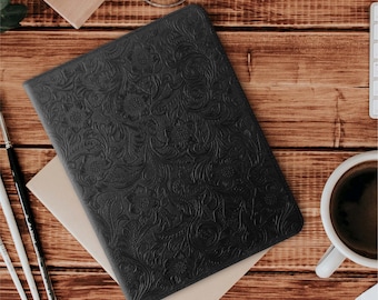 iPad 10.2" 9th Generation Leather Case -  2021 - With Pencil Holders - Carved Black Genuine Cowhide Leather - With Sleep-Wake
