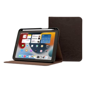 Étui iPad 10e génération 10,9 » - Année: 2022 - Avec et sans porte-crayon - Cuir de vachette véritable brun foncé mince - Avec veille-sommeil