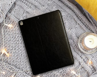iPad Pro 12.9" Case - 1st & 2nd Generation - With Pencil Holder - Black Genuine Cowhide Leather - Folio Stand Cover with Sleep-Wake
