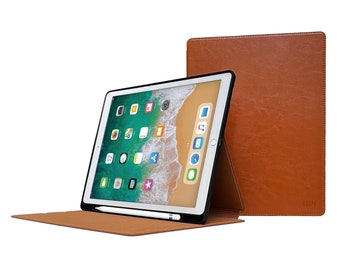 iPad Pro 12.9" Case - For 1st & 2nd Generation - With Pencil Holder - Brown Genuine Cowhide Leather - Folio Stand Cover with Sleep-Wake