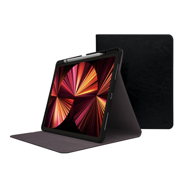 iPad Pro 12.9" Case - 6th & 5th Generation - 2022/2021 - Genuine Cowhide Leather - Black - With/Without Pencil Holder - Sleep/Wake