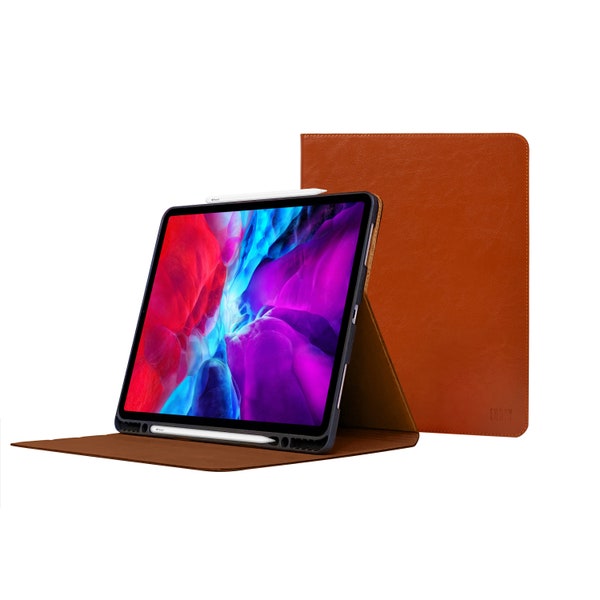 iPad Air 5 Case - 10.9" iPad Air 5th Generation 2022 Leather Cover - With Pencil Holders - Thin Brown Genuine Cowhide Leather - Sleep-Wake