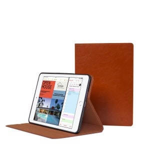 Étui en cuir pour iPad Mini 5 - Avec ou sans porte-crayons - Fin cuir de vachette véritable marron - Étui à rabat avec support Sleep-Wake
