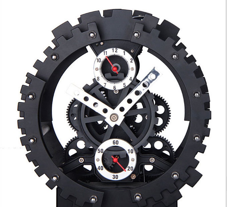 Modern Novelty Designer Moving Gear Vintage Retro DeskShelf Clock with Bell Alarm