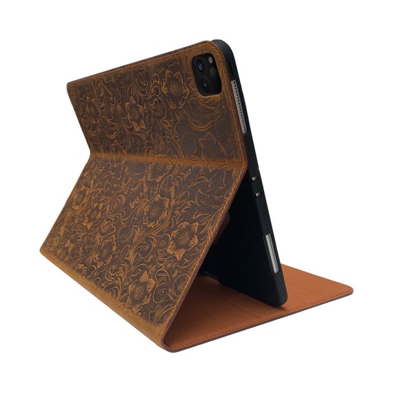 IPad Pro 11 Case 4th, 3rd, 2nd & 1st Generation With Pencil Holder Dark  Brown Cover Genuine Cowhide Carved Leather Sleep/wake 