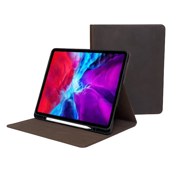 iPad Mini 5 Leather Case  - With Pencil Holder - Thin Natural Dark Brown Genuine Cowhide Leather- Folio Cover - With Sleep-Wake