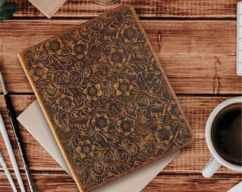 iPad 10.2" 8th & 7th Generation Case - With/Without Pencil Holder - Carved Brown Genuine Cowhide Leather - With Floral Pattern - Sleep-Wake