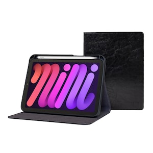Housse en cuir iPad mini 6 - Avec porte-crayon - Cuir de vachette véritable noir fin - Housse Folio - Avec veille-sommeil