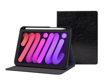 iPad Mini 6  Leather Case - With Pencil Holder - Thin Black Genuine Cowhide Leather - Folio Stand Case - With Sleep-Wake