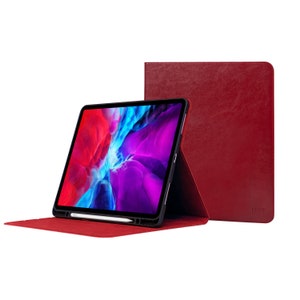 Étui pour iPad Air 3 et iPad 10,5 pouces - Avec porte-crayon - Étui fin rouge en cuir de vachette véritable - Avec fonction veille-sommeil