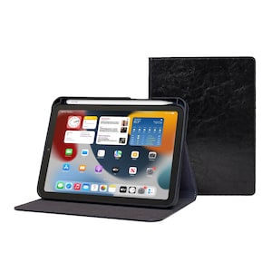 Étui iPad 10e génération 10,9 » - Année: 2022 - Avec et sans porte-crayon - Coque mince en cuir de vachette véritable noir - Avec veille-sommeil