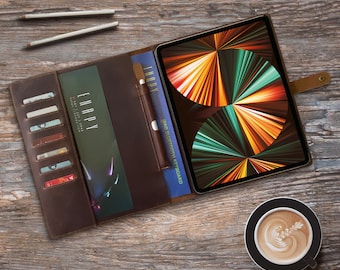 Funda para iPad Pro de 12,9" - 6.ª y 5.ª generación - Año: 2022/21 - Con portalápices - Funda de piel auténtica de vacuno marrón - Espacio para guardar tarjetas