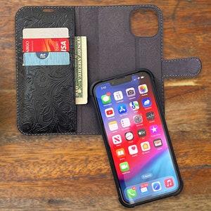Funda de cuero genuino negro para iPhone 14/Plus/Pro/Pro Max - Funda protectora/cartera magnética desmontable - Ranuras para tarjetas con bloqueo RFID - Almacenamiento de tarjetas