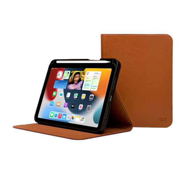 iPad Mini 6 Leather Case - With Pencil Holder - Thin Brown Genuine Cowhide Leather - Folio Stand Case - With Sleep-Wake - Supports Touch ID
