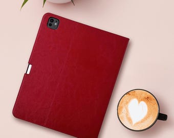 iPad Pro 13" (M4) Leather Case - 7th Generation- 2024 - With Pencil Holder - Red Genuine Leather - Sleep-Wake - For Models A2925 & A2926