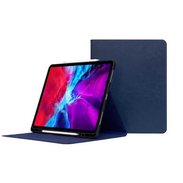 10.9" iPad Air 5 Leather Case -  With Pencil Holders - iPad Air 5th Generation 2022 - Thin Blue Genuine Cowhide Leather - With Sleep-Wake