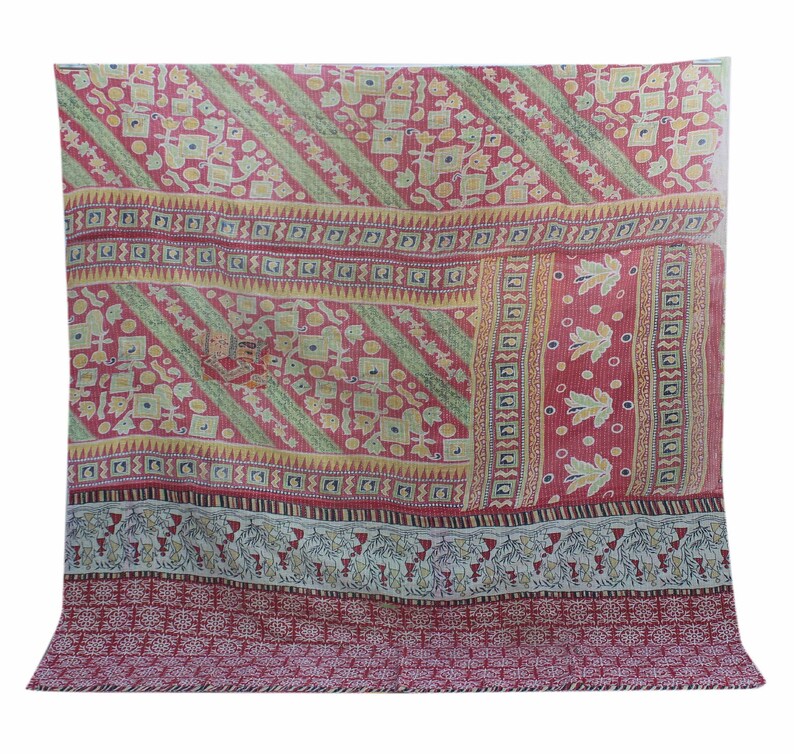 Red Stripe Patchwork Kantha Quilt Designer Kantha Blanket Hand Stitched Kantha Throw Reversible Indian Cotton Kantha Bedspread