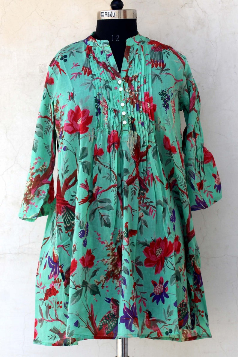 Sea Green Indian Women/'s Cotton Dress Hippie Floral Printed Top Indian Girl/'s Block Printed Tunic Summer Top