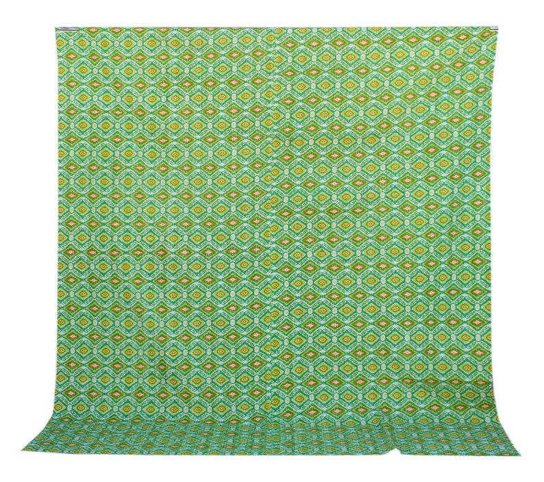 Green Ikat Design Kantha Quilt Handmade Kantha Blanket Queen Size Kantha Throw Indian Cotton Kantha Bedspread Hand Stitched Kantha Bed Cover
