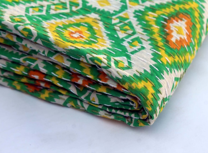 Green Ikat Design Kantha Quilt Handmade Kantha Blanket Queen Size Kantha Throw Indian Cotton Kantha Bedspread Hand Stitched Kantha Bed Cover
