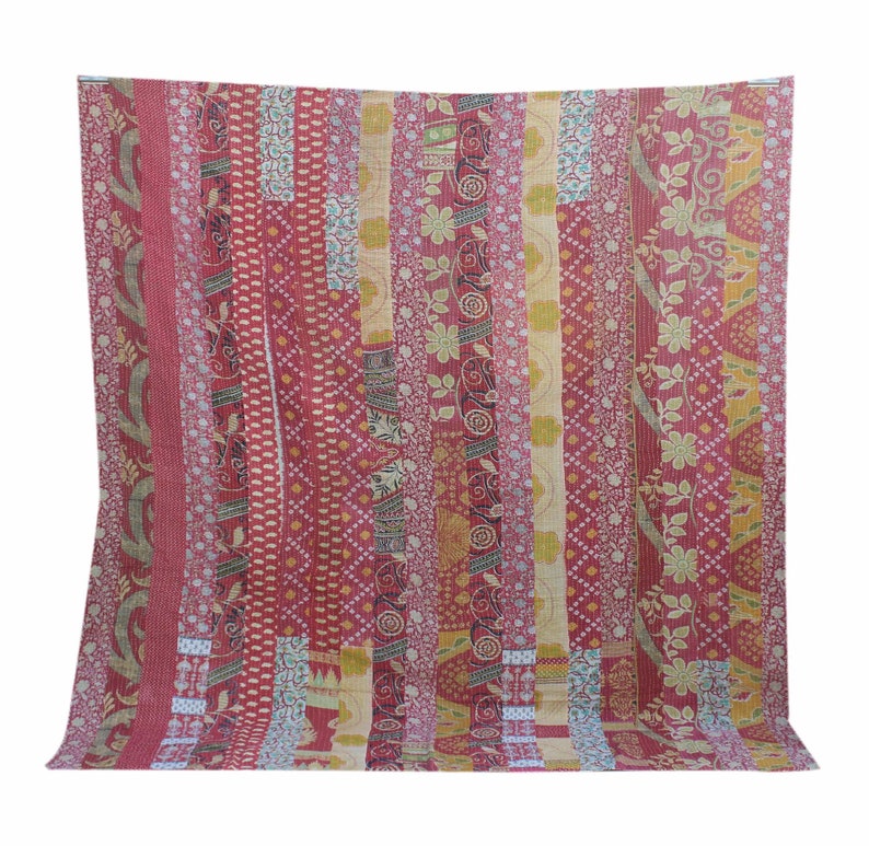 Red Stripe Patchwork Kantha Quilt Designer Kantha Blanket Hand Stitched Kantha Throw Reversible Indian Cotton Kantha Bedspread
