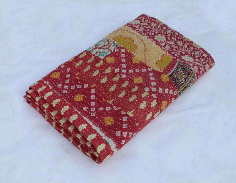 Red Stripe Patchwork Kantha Quilt Designer Kantha Blanket Hand Stitched Kantha Throw Reversible Indian Cotton Kantha Bedspread