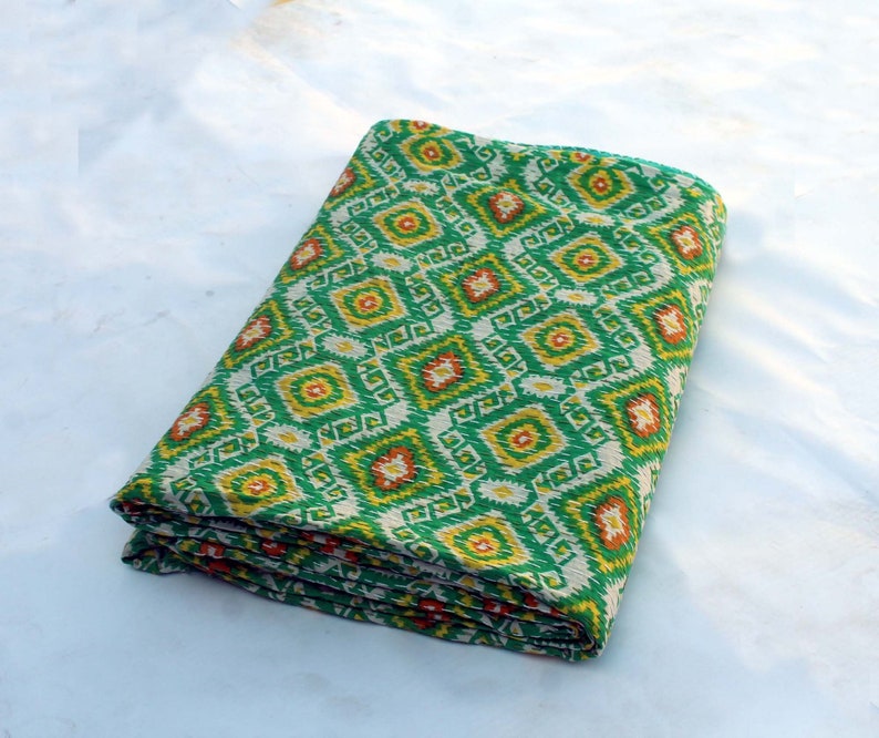 Green Ikat Design Kantha Quilt Handmade Kantha Blanket Queen Size Kantha Throw Indian Cotton Kantha Bedspread Hand Stitched Kantha Bed Cover
