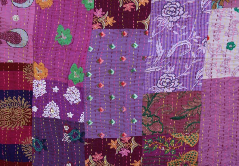 Purple Handmade Kantha Quilt Hand Embroidered Patchwork Kantha Blanket Indian Sari Kantha Throw Hand Stitched Kantha Bedspread