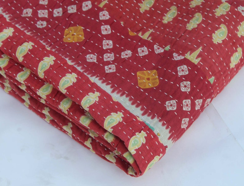 Red Stripe Patchwork Kantha Quilt Designer Kantha Blanket Hand Stitched Kantha Throw Reversible Indian Cotton Kantha Bedspread