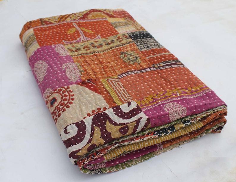 Vintage Kantha Quilt Queen Size Handmade Kantha Blanket Reversible Kantha Bedding Throw Hand Stitched Kantha Bedspread