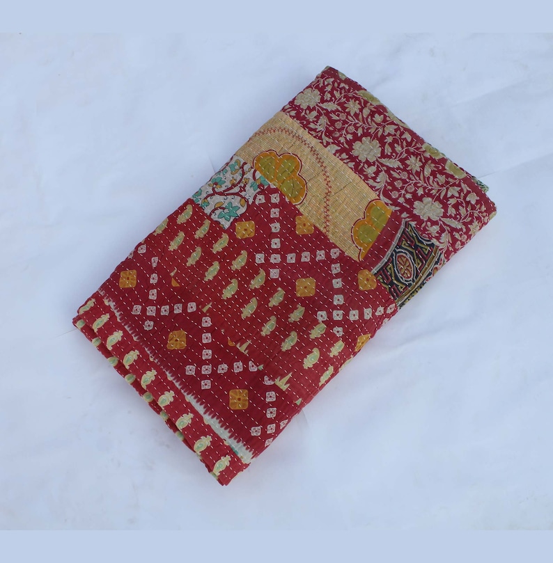 Red Stripe Patchwork Kantha Quilt Designer Kantha Blanket Hand Stitched Kantha Throw Reversible Indian Cotton Kantha Bedspread