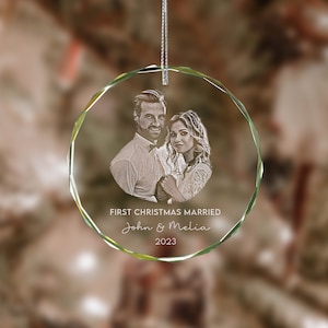 Custom First Christmas Married Ornament, Personalized Mr Mrs Wedding Ornament, Engraved Photo Crystal Ornament Newlywed Gifts