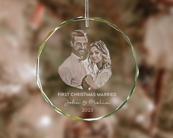 Custom First Christmas Married Ornament, Personalized Mr Mrs Wedding Ornament, Engraved Photo Crystal Ornament Newlywed Gifts